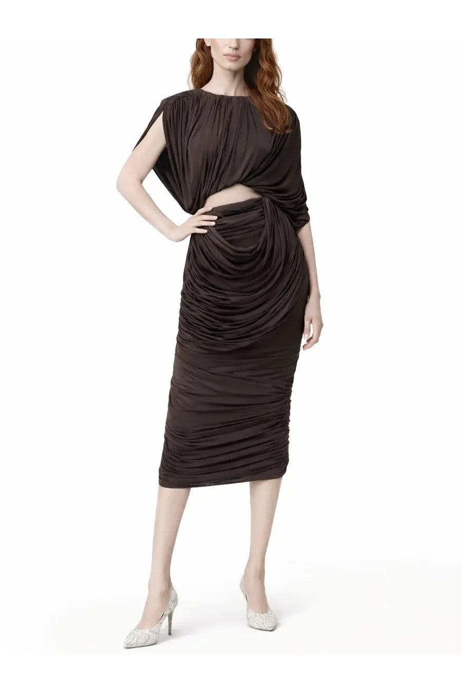A sleek dark brown ruched midi dress with a draped asymmetrical cupro top by Magda Butrym for women
