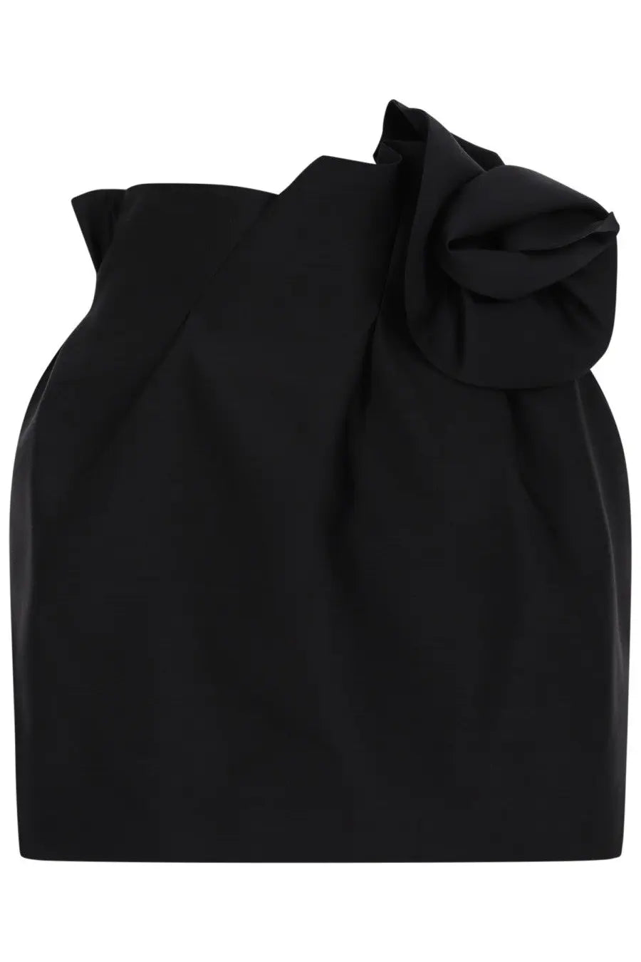 Magda butrym women’s black satin miniskirt with dramatic ruffled bow detail at the shoulder