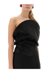 Magda Butrym women’s black satin one-shoulder top with draped ruched design sculptural bustier style