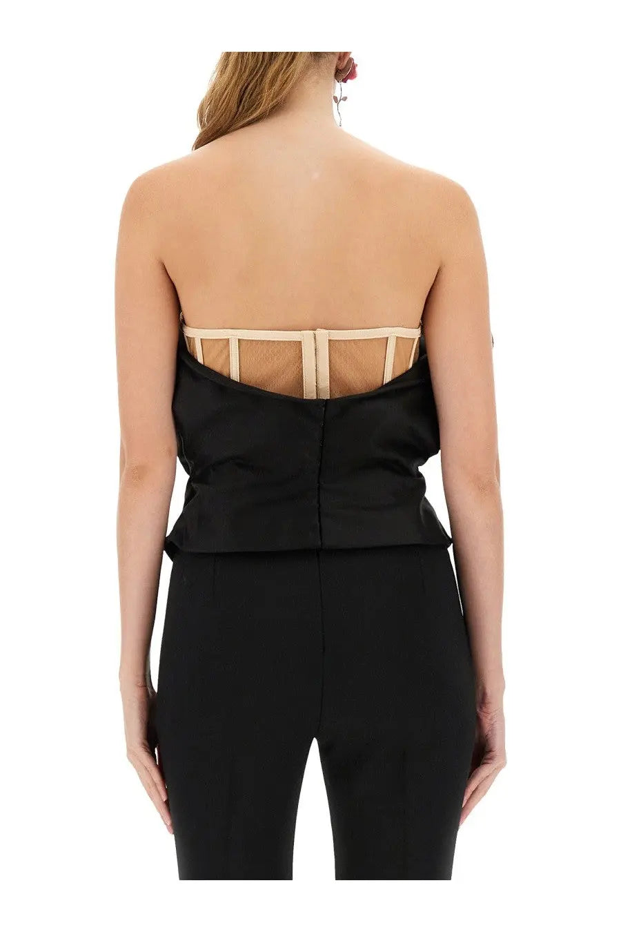 Black satin strapless bustier top with beige mesh back panel by Magda Butrym for women