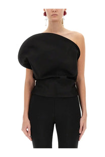 Magda Butrym women’s black satin one shoulder top with a voluminous sculptural shoulder detail