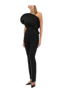 Black one-shoulder satin jumpsuit with dramatic ruched puff sleeve and tailored pants by Magda Butrym women’s sculptural bustier top