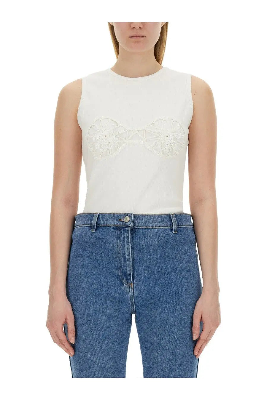 White sleeveless top with delicate floral embroidery across the chest from magda butrym womens shirt crochet bra white collection