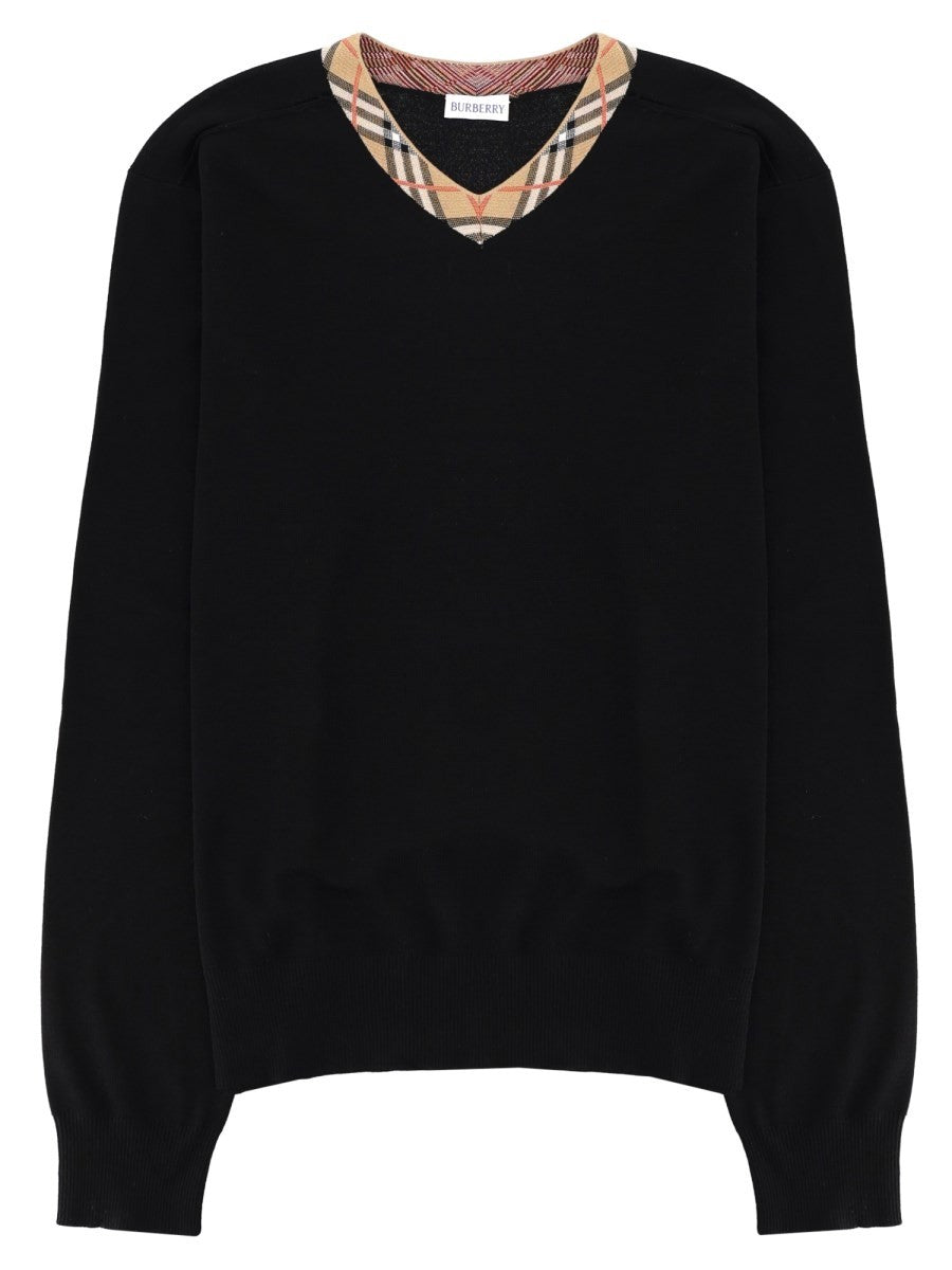 Burberry Men's Wool Merino Sweater with Neck Check Black