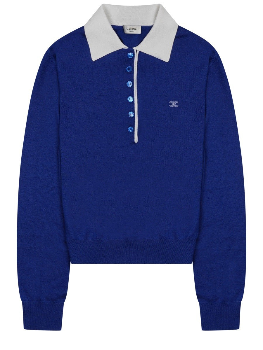 Celine Women's Maglia Stile Polo in Cashmere Sottile Seta Blue