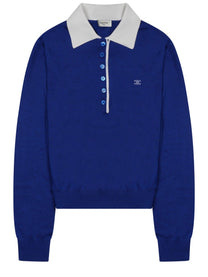 Celine Women's Maglia Stile Polo in Cashmere Sottile Seta Blue