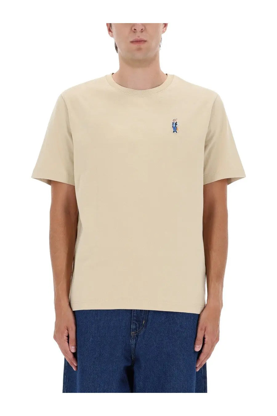 Maison kitsuné men’s beige short-sleeved comfort shirt with small embroidered fox character on left chest