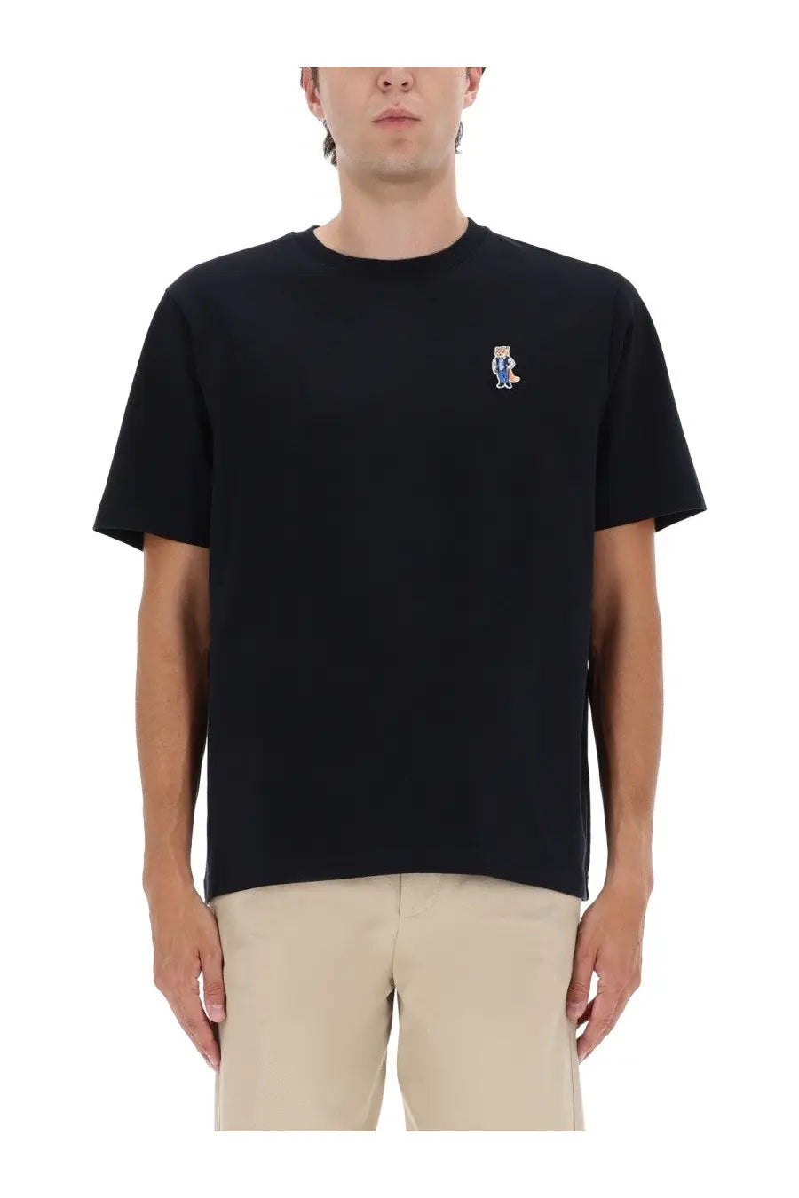 Maison Kitsune black short-sleeve fox shirt with embroidered bear patch