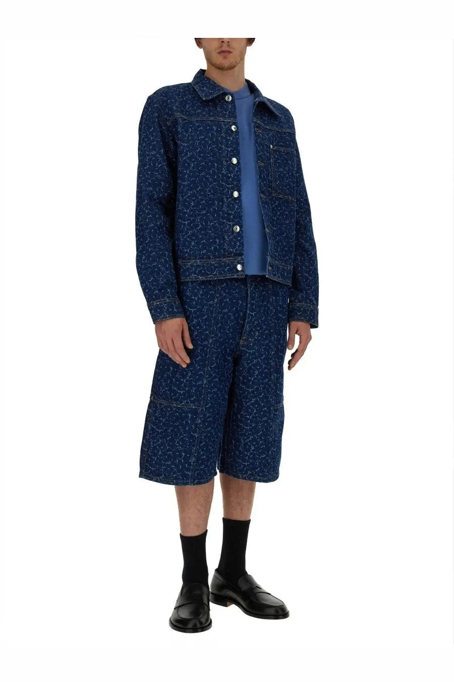 Maison Kitsuné men’s blue denim bermuda shorts with a subtle white pattern and matching jacket in denim material