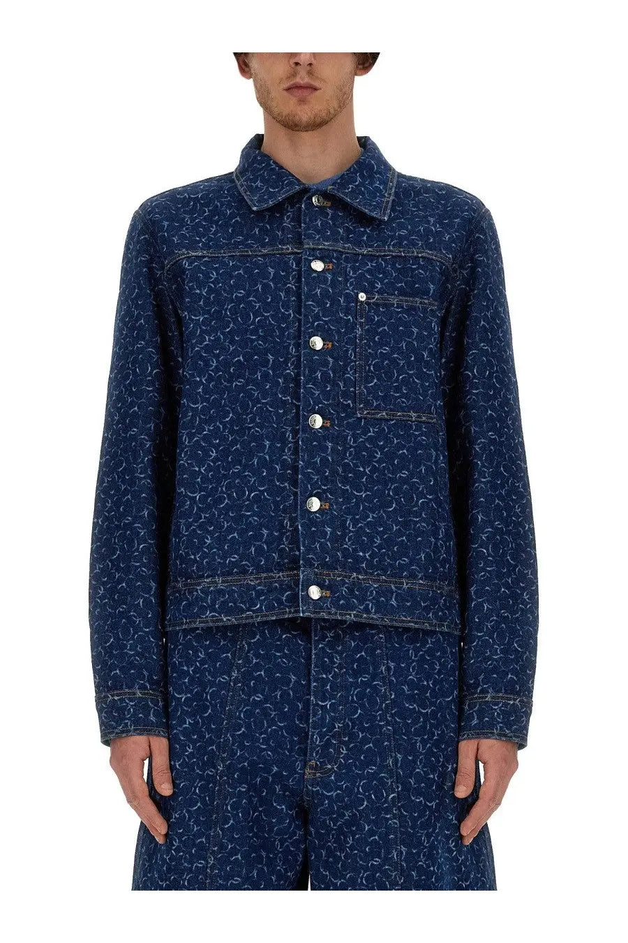 Maison kitsuné men’s dark blue denim jacket with subtle white abstract pattern and silver buttons