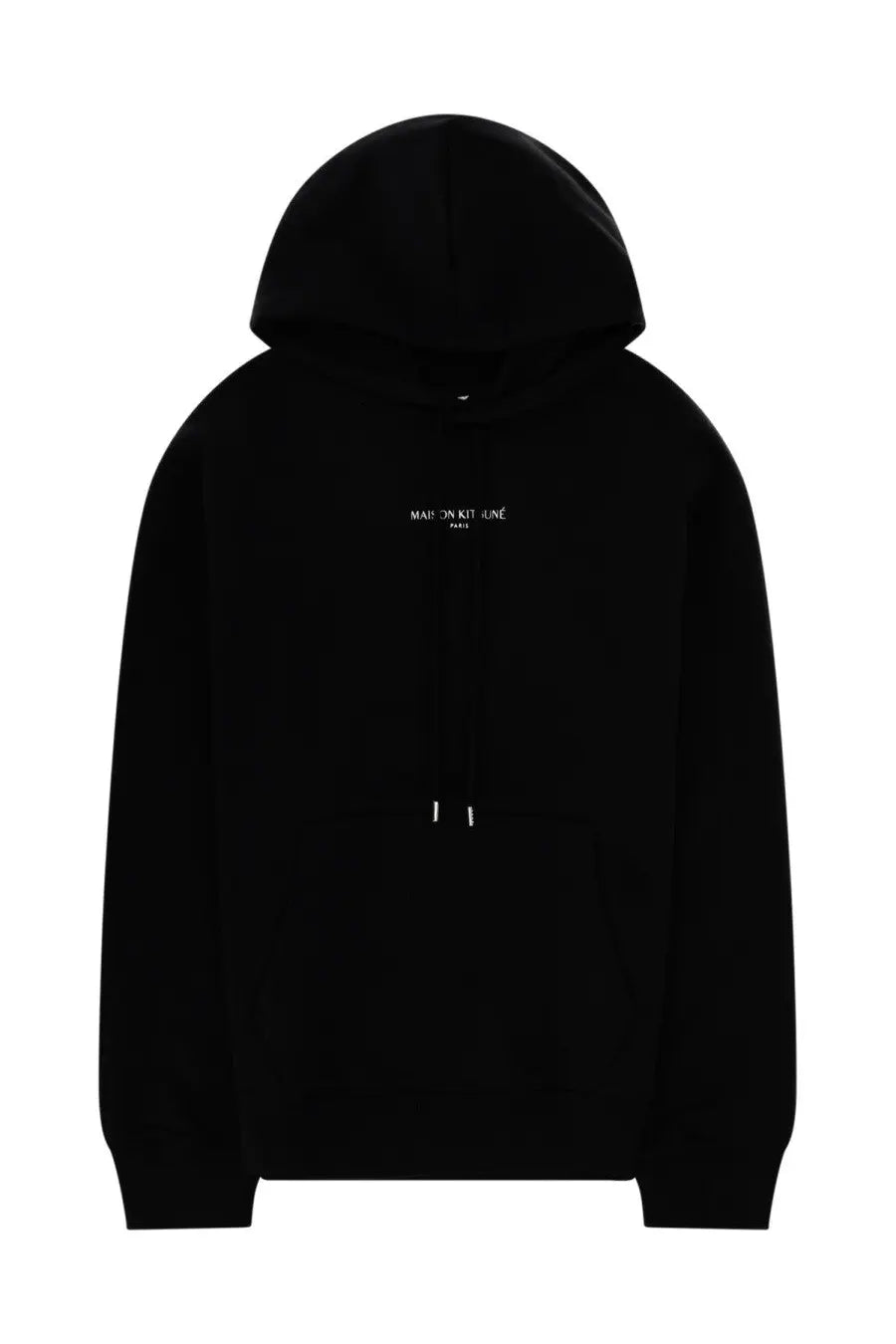 Maison Kitsuné men’s black hooded sweatshirt with white embroidered text on chest and matching drawstrings