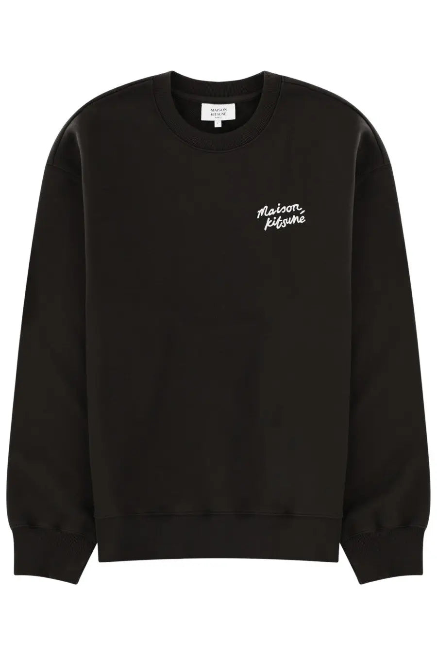 Black maison kitsuné sweatshirt with white cursive logo embroidered on the chest for men felpa con grey style