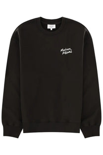 Black maison kitsuné sweatshirt with white cursive logo embroidered on the chest for men felpa con grey style