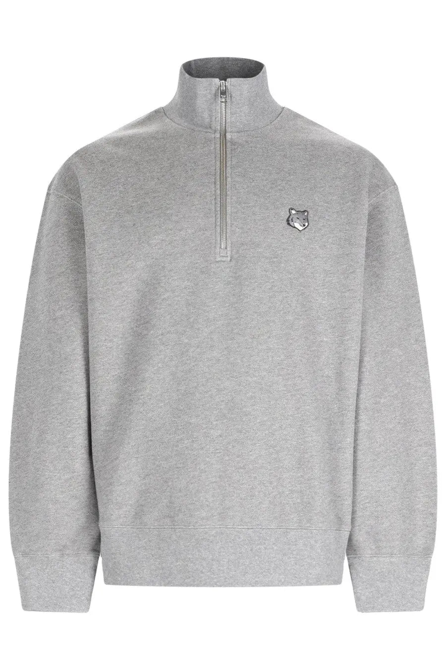 Maison Kitsuné men’s gray heathered half-zip sweatshirt with small embroidered fox logo on the left chest