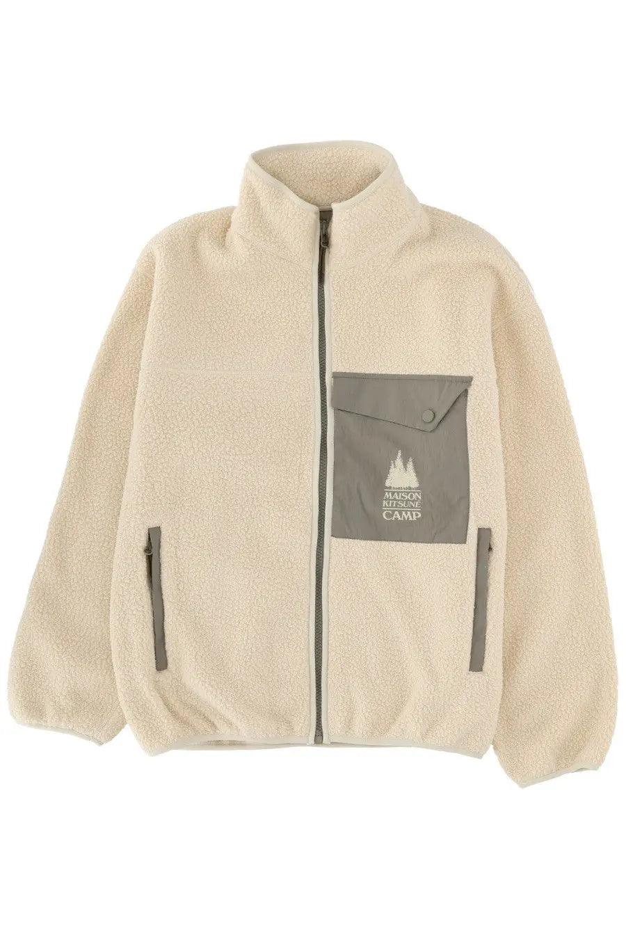 Maison Kitsuné men’s fleece jacket in cream with gray front pocket logo and matching zipper pulls in pink style