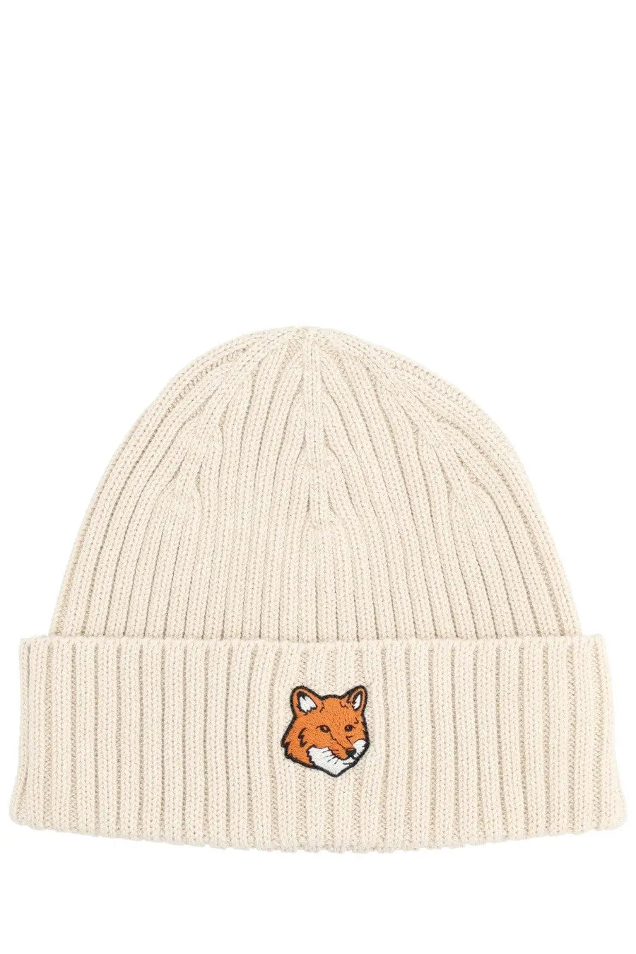 Maison Kitsuné men’s fox head cap beige cream ribbed knit beanie with small embroidered fox logo on folded brim