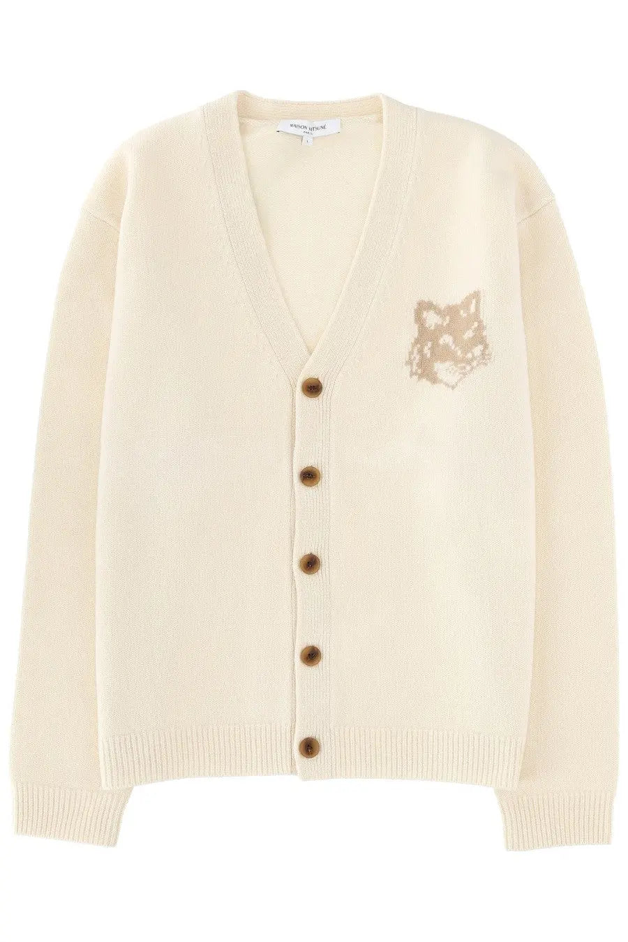 Maison Kitsuné men’s cream-colored knit cardigan with subtle fox embroidery and wooden buttons down the front