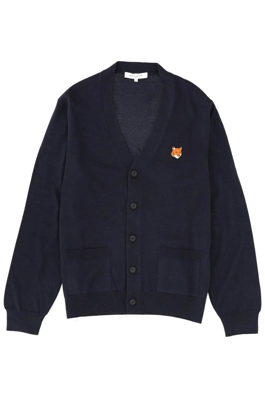 Black knit Maison Kitsuné men’s cardigan with small embroidered fox logo on left chest in blue