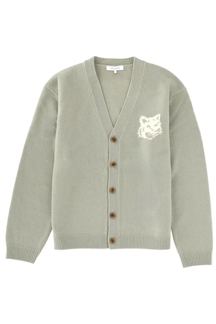 Maison Kitsuné men’s soft sage green knit cardigan with v-neck brown buttons and white fox face embroidery on chest