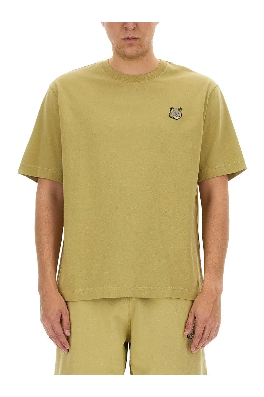 Maison kitsuné men’s olive green short-sleeved t-shirt with small embroidered wolf logo on the left chest