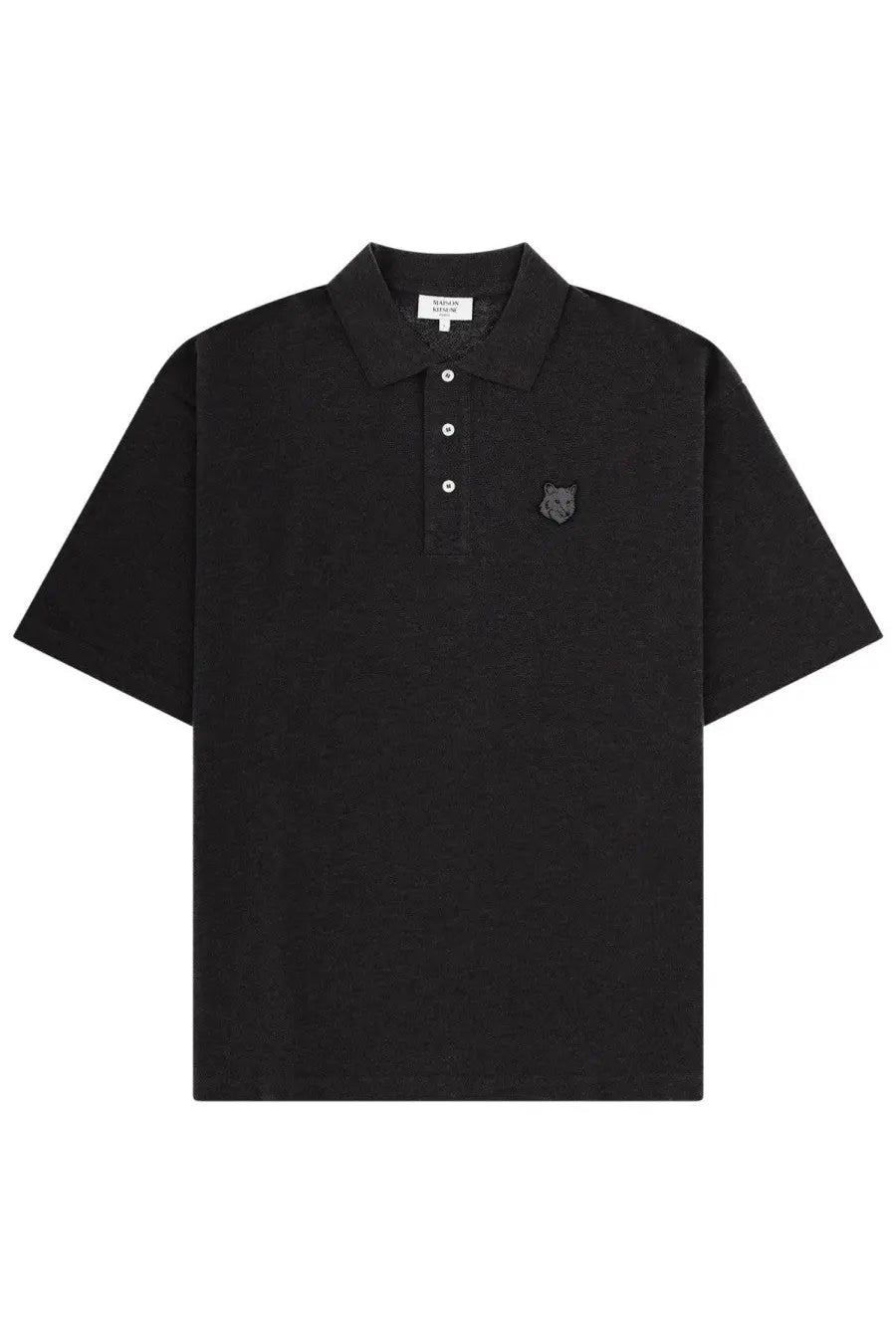 Maison Kitsuné men’s black short-sleeved polo shirt with textured weave, white buttons, and gray embroidered tiger logo