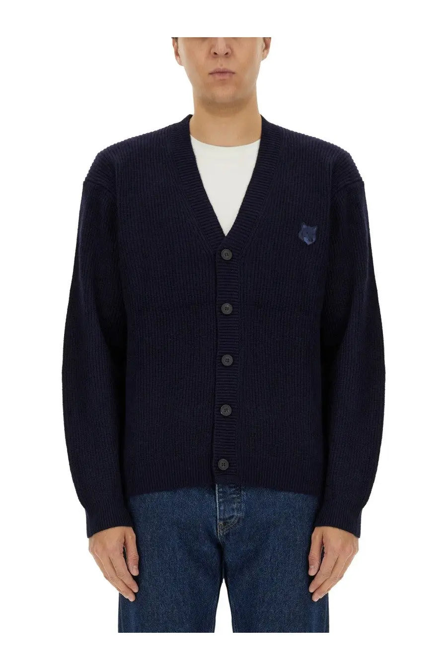 Maison Kitsuné men’s navy blue ribbed knit cardigan with small embroidered shield logo on left chest