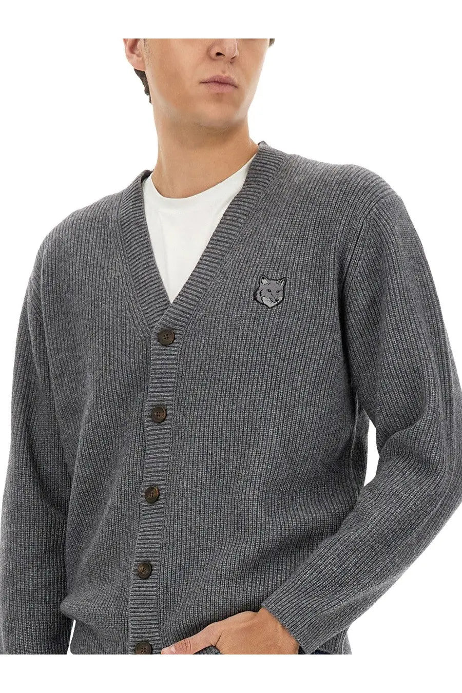 Maison Kitsuné men’s grey ribbed knit cardigan with fox emblem on the left chest made of soft wool blend