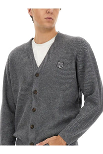 Maison Kitsuné men’s grey ribbed knit cardigan with fox emblem on the left chest made of soft wool blend