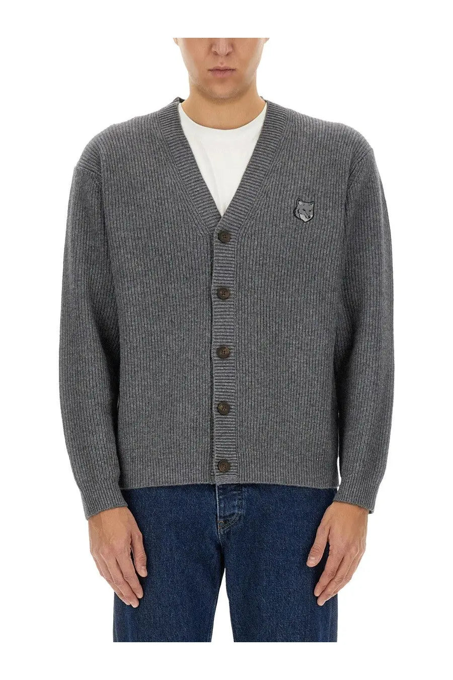 Maison Kitsuné men’s grey ribbed knit cardigan featuring a fox emblem on the left chest in soft fabric