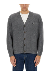 Maison Kitsuné men’s grey ribbed knit cardigan featuring a fox emblem on the left chest in soft fabric