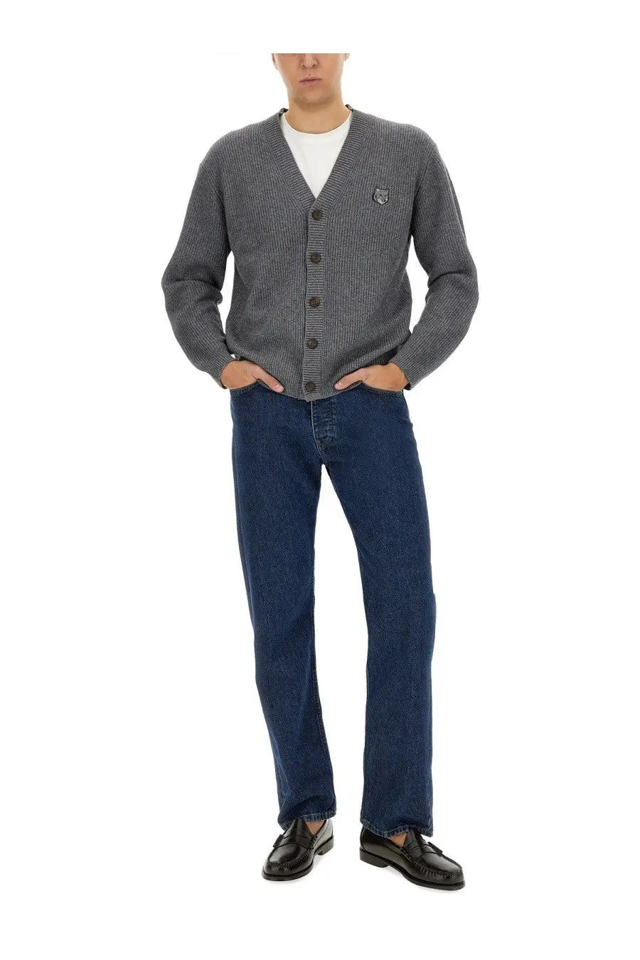 Maison Kitsuné men’s grey ribbed knit cardigan with v-neck button closure and embroidered logo on left chest