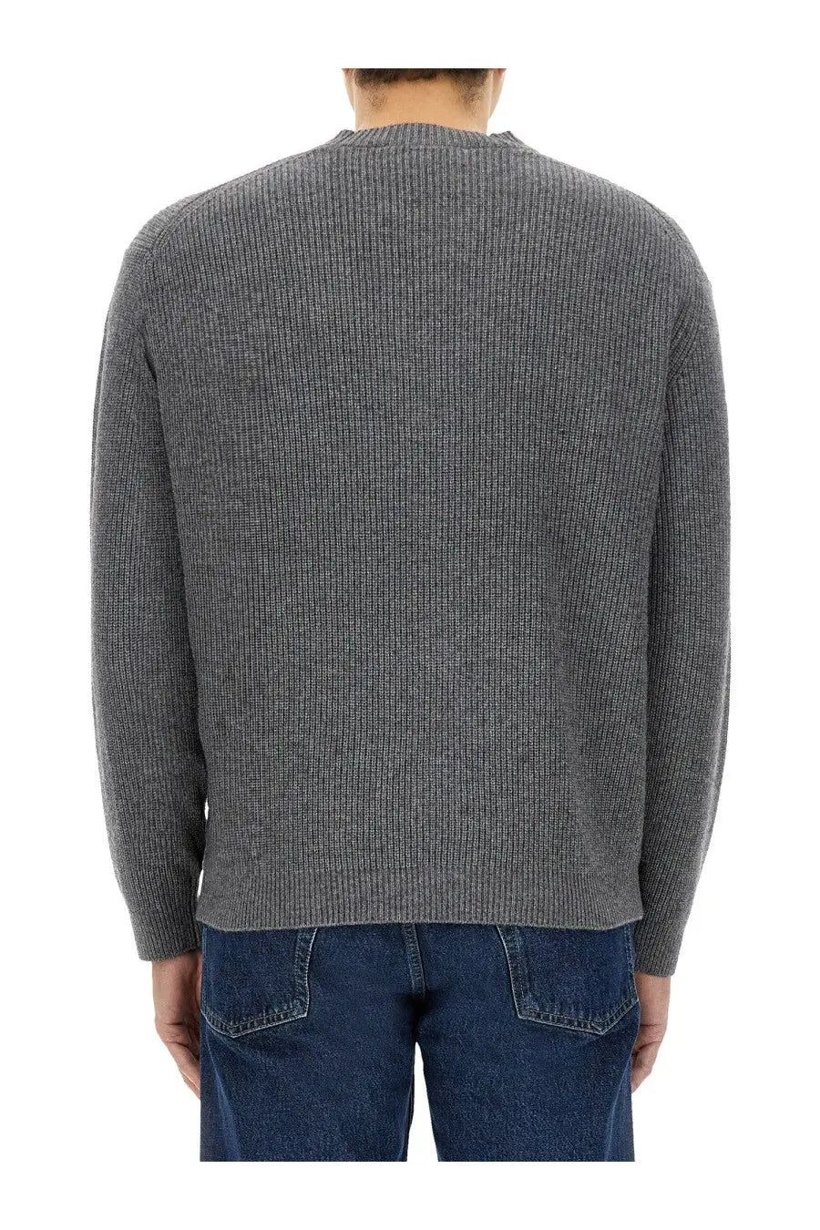 Maison Kitsuné men’s ribbed cardigan grey textured knit sweater with classic crew neck and long sleeves