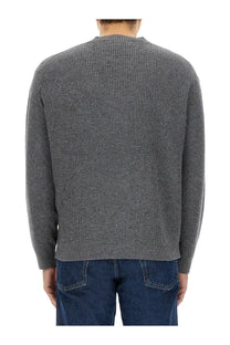 Maison Kitsuné men’s ribbed cardigan grey textured knit sweater with classic crew neck and long sleeves