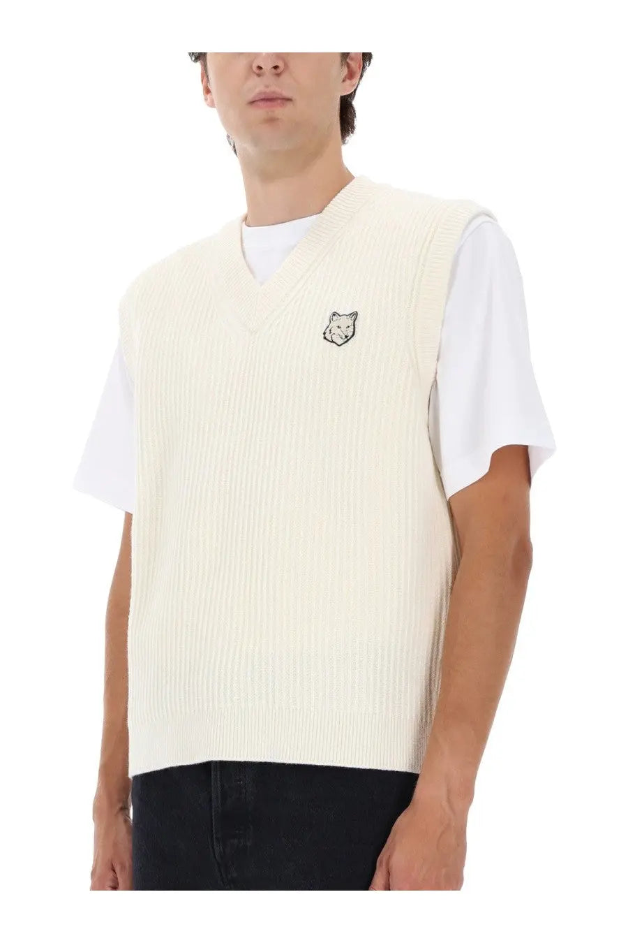 Maison Kitsuné men’s cream ribbed knit vest with small embroidered fox logo on left chest in white color
