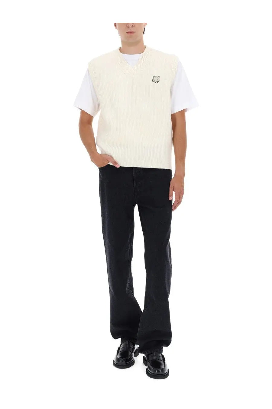 Maison Kitsuné men’s cream-colored ribbed knit vest with small embroidered fox logo on left chest