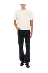 Maison Kitsuné men’s cream-colored ribbed knit vest with small embroidered fox logo on left chest