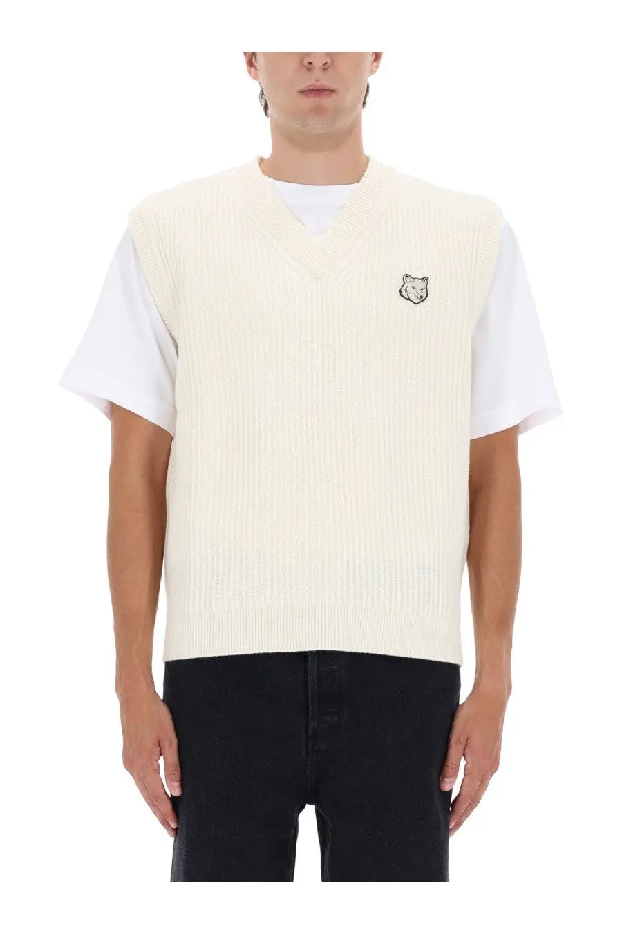 Maison Kitsuné men’s cream ribbed knit sweater vest with small embroidered fox logo on left chest