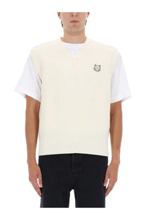 Maison Kitsuné men’s cream ribbed knit sweater vest with small embroidered fox logo on left chest