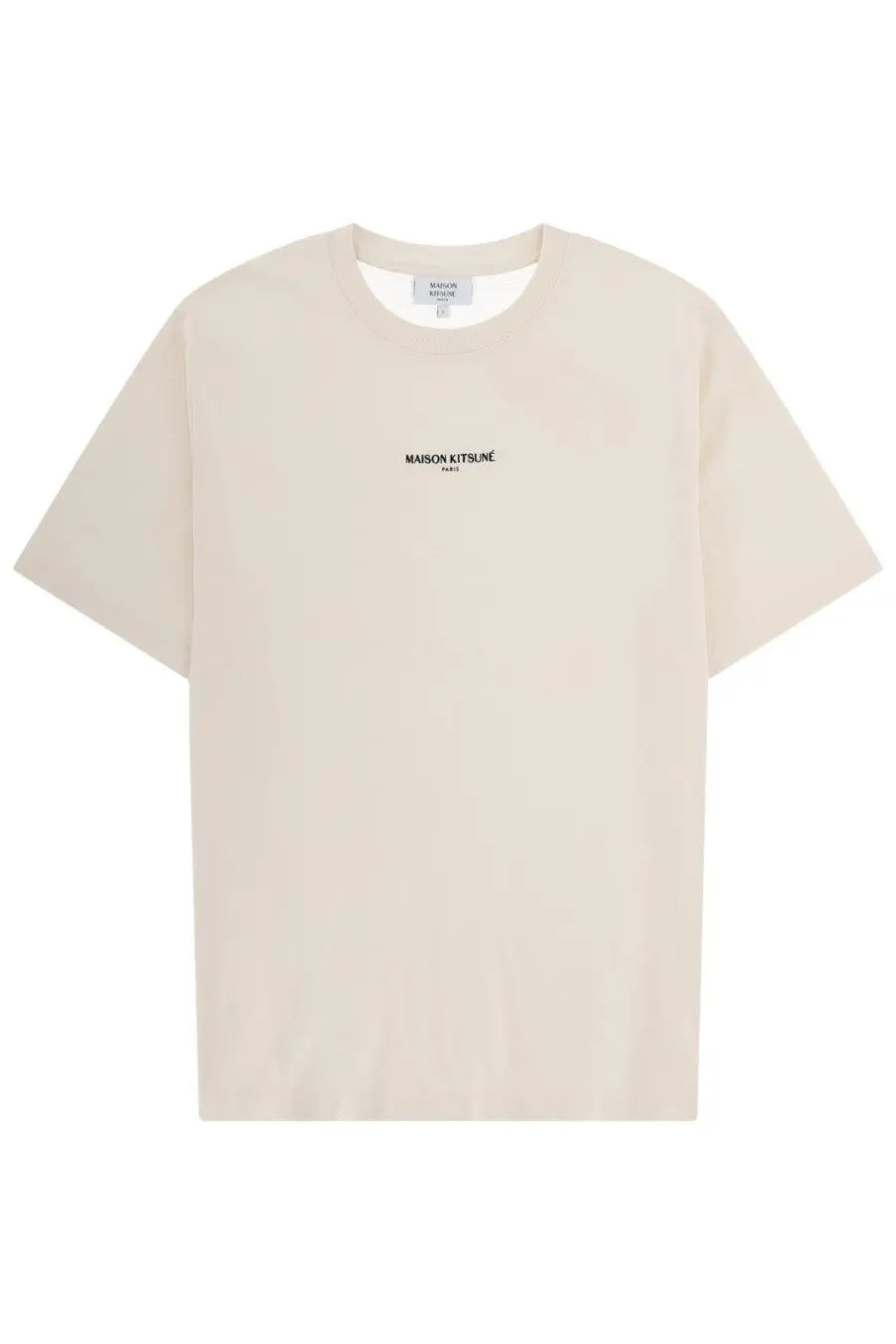 Cream-colored maison kitsuné men’s t-shirt with minimalist black embroidery on the chest in soft cotton material