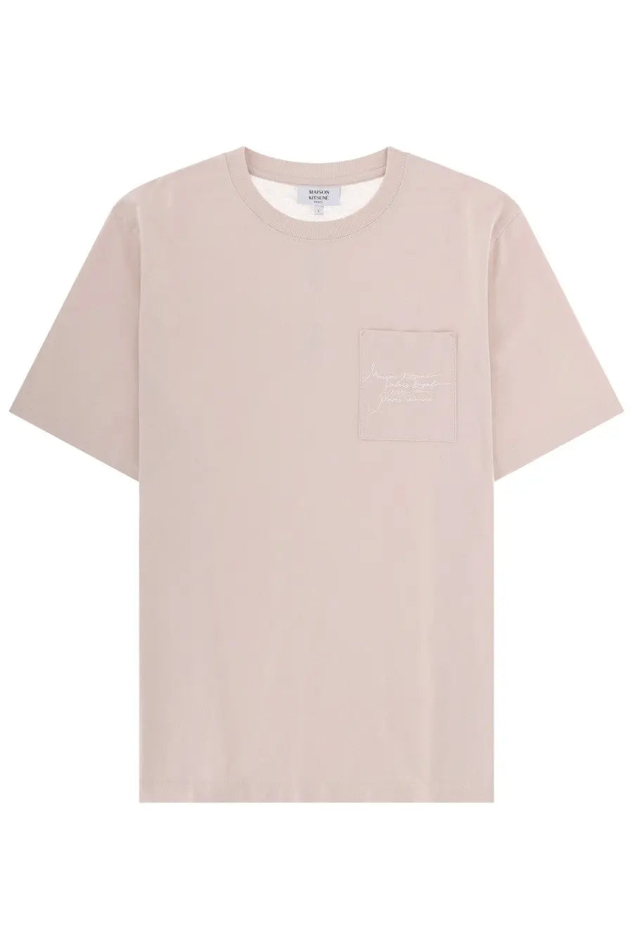 Maison Kitsuné men’s soft beige short-sleeved t-shirt with subtle embroidered logo and clean crew neckline