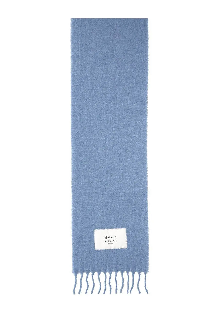 Maison Kitsuné women’s alpaca scarf in soft light blue with a subtle textured weave and delicate fringe ends