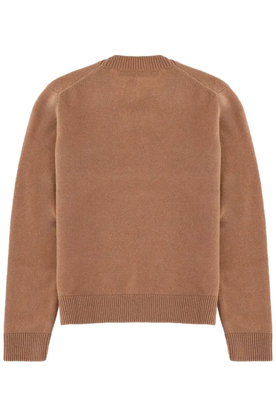 Maison Kitsuné women’s camel-colored ribbed-knit baby fox sweater with classic crew neck and long sleeves