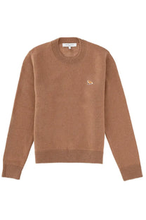 Maison kitsuné women’s baby fox sweater brown tan crewneck with ribbed neckline cuffs and embroidered fox logo