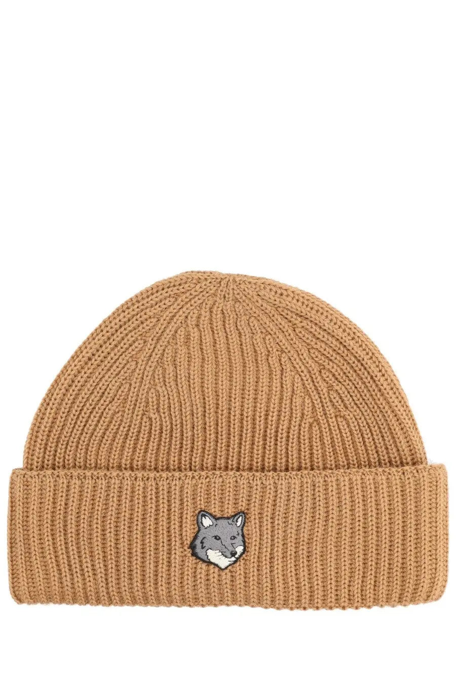 Maison Kitsuné women’s brown tan ribbed knit beanie with a small embroidered fox face on the cuff