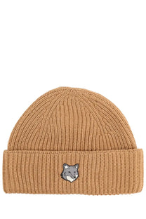 Maison Kitsuné women’s brown tan ribbed knit beanie with a small embroidered fox face on the cuff