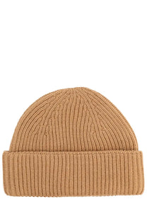Maison Kitsuné women’s brown beanie with tan ribbed knit and folded cuff for stylish warmth