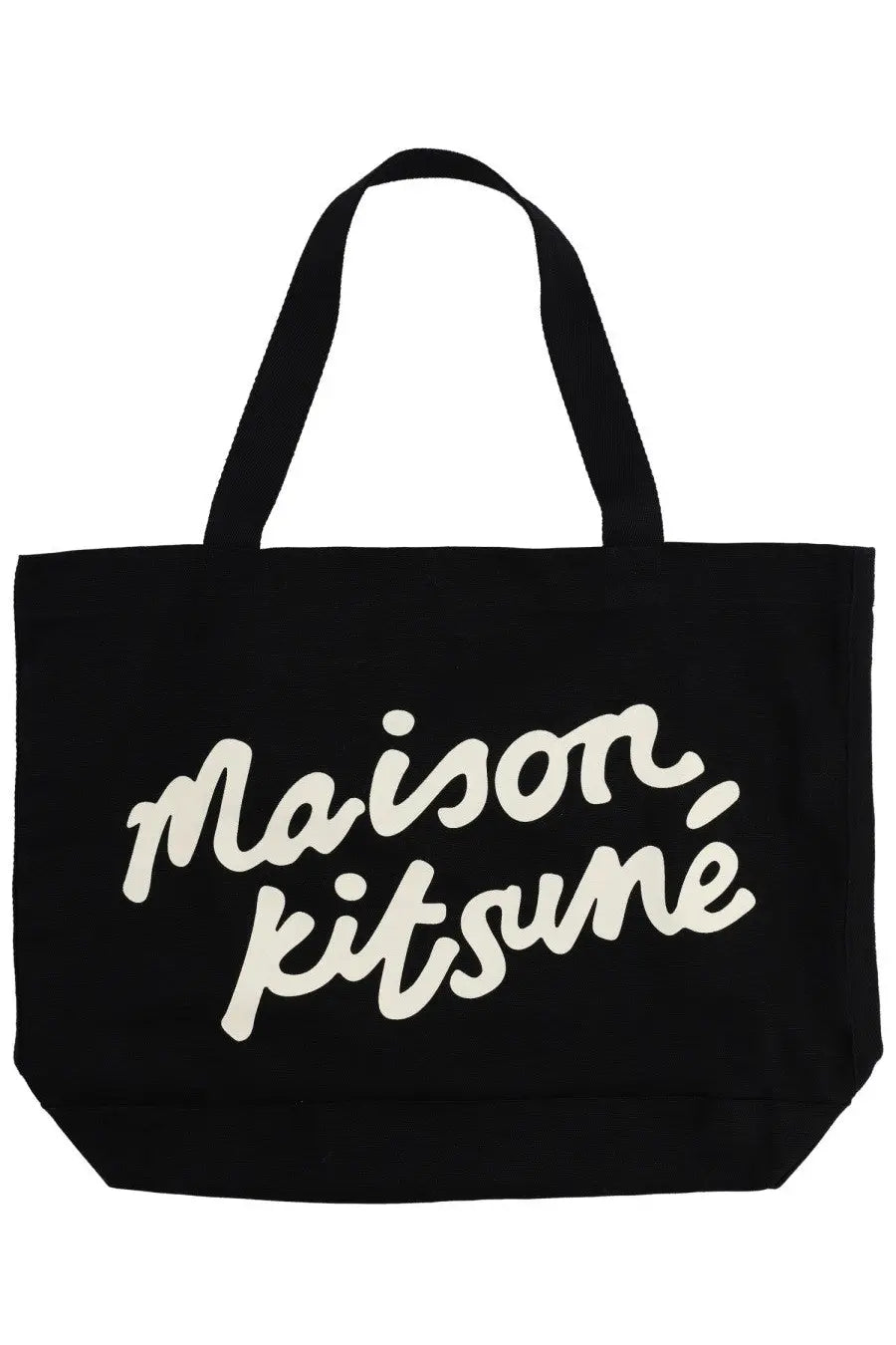 Black canvas Maison Kitsuné women’s tote bag with white cursive branding and sturdy shoulder straps