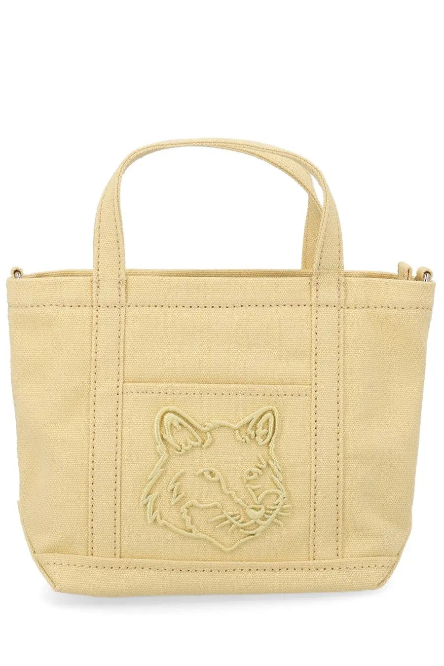 Beige canvas Maison Kitsune women’s borsa tote bag featuring an embroidered fox face on the front