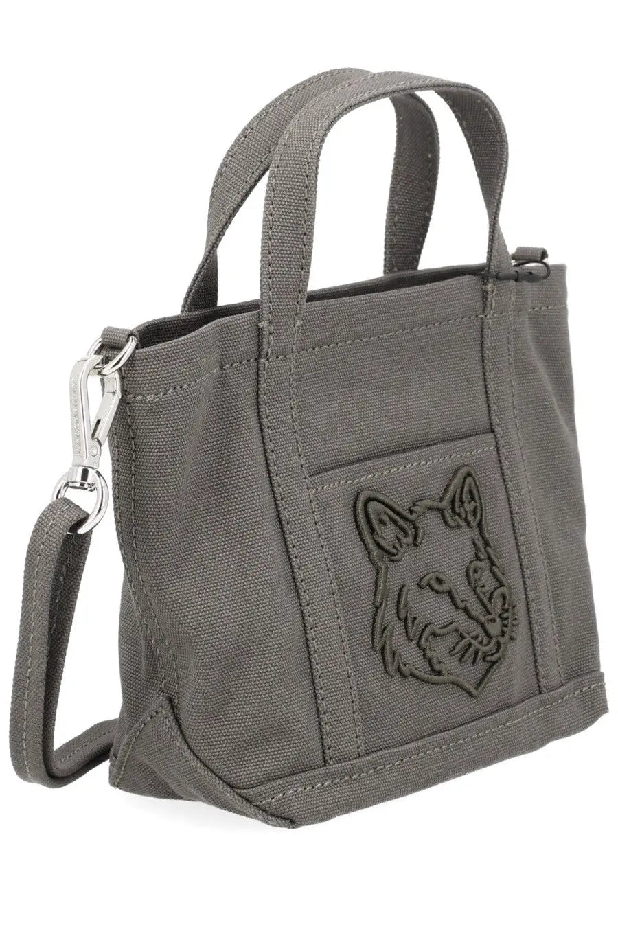 Maison Kitsuné women’s gray canvas mini tote bag featuring a debossed fox face on the front pocket