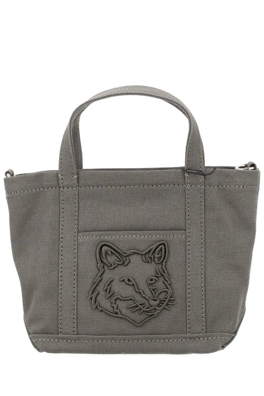 Maison Kitsuné women’s gray canvas tote bag with stitched fox face emblem on the front for casual use